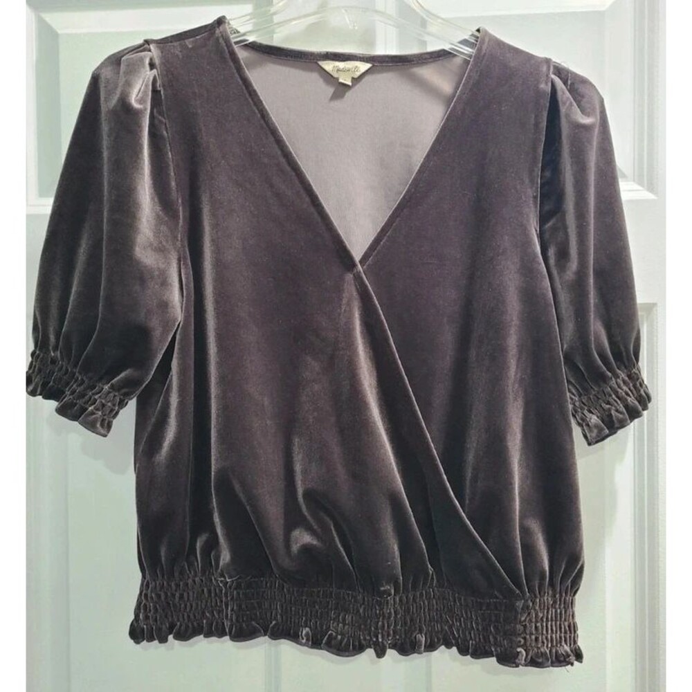 Madewell Brown Velvet Smocked Crossover Top with Ruching Small